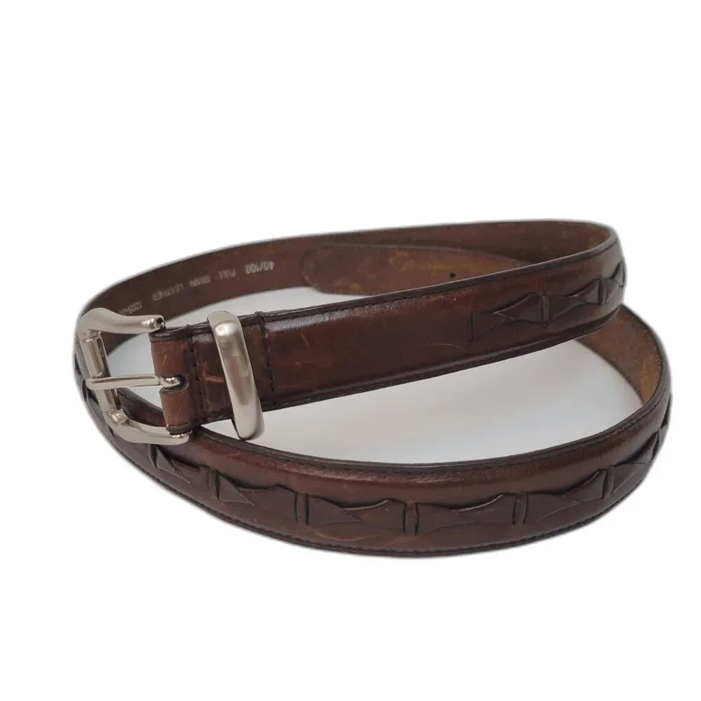 Full Grain Leather Brown Tooled Embossed Belt Size 40 1